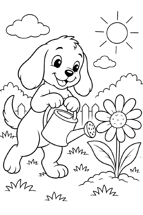 A smiling, floppy-eared puppy holds the handle of a watering can in its mouth beside a large daisy growing in a flowerpot.