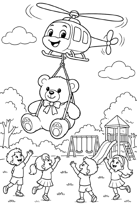 A cartoon helicopter with large rotor blades carries a teddy bear in a hanging basket above a playground slide and two small clouds.