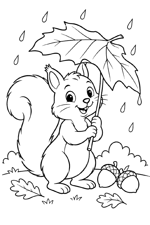 A smiling cartoon squirrel holds a large maple leaf over its head like an umbrella, with two acorns and three fallen leaves at its feet.