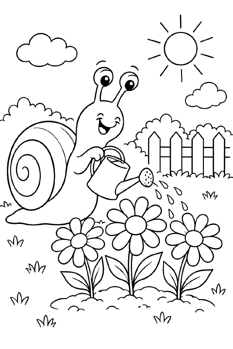 A smiling cartoon snail holds a watering can, sprinkling water onto three large daisies growing in a small garden patch with rounded leaves and a few pebbles.