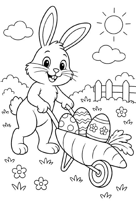 A smiling bunny pushes a carrot-shaped wheelbarrow holding three large Easter eggs decorated with stripes, dots, and zigzags.