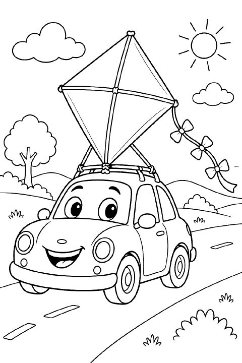 A smiling cartoon car with two visible wheels carries a large diamond-shaped kite tied flat to its roof, with three bows on the kite’s tail trailing behind.