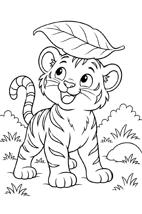A smiling cartoon tiger cub sits with a large leaf balanced on its head, round paws in front, a curled tail beside it, and broad stripes on its face and body.