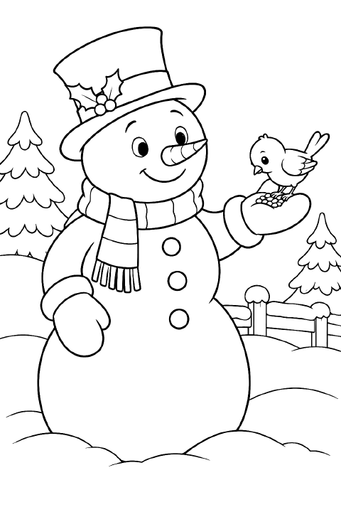 A smiling cartoon snowman in a scarf and knit hat holds out a mitten filled with seeds as a small bird perches on its edge. Two snow-covered bushes stand behind him.