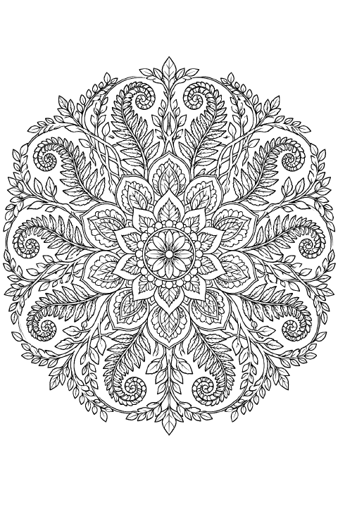 Circular mandala with a central spiral rosette, rings of curled fern fronds divided by fine leaf veins, interwoven root loops, and a scalloped border of pointed leaves.