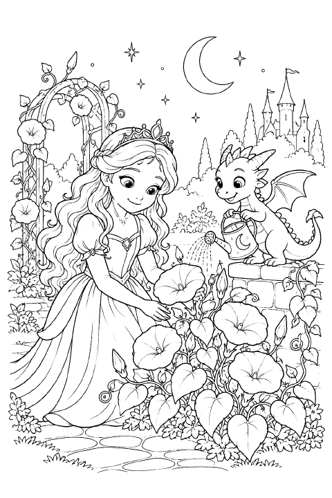A princess wearing a crescent crown kneels beside star-shaped flowers while a small dragon waters them from a watering can. Curling vines surround a stone path, and her gown has a border of moons and stars.