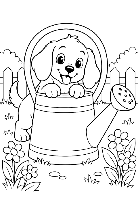 A smiling, floppy-eared puppy sits beside a large watering can with its head poking through the rounded handle. The puppy has one spotted ear, a spotted back, and a curled tail.
